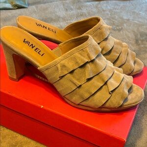 Vaneli Dove Gray Suede Ruffle Block Heel Mules